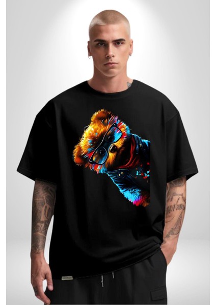 Cool Tedy Renkli Ayıcık Gözlük Grafik Baskılı Pamuklu Penye Kadın Erkek Siyah Tişört modelleri