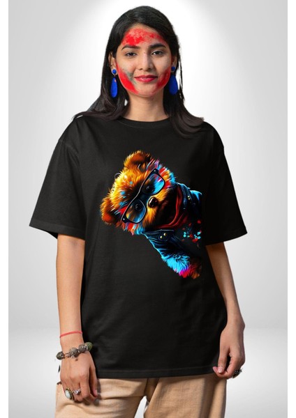 Cool Tedy Renkli Ayıcık Gözlük Grafik Baskılı Pamuklu Penye Kadın Erkek Siyah Tişört fırsatları