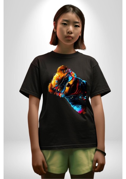 Cool Tedy Renkli Ayıcık Gözlük Grafik Baskılı Pamuklu Penye Kadın Erkek Siyah Tişört indirimleri