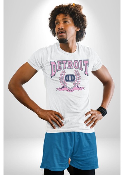 Detroit Kampüs Grafik Baskılı Pamuklu Penye Kadın Erkek Beyaz Tişört