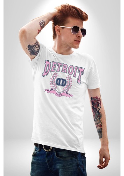 Detroit Kampüs Grafik Baskılı Pamuklu Penye Kadın Erkek Beyaz Tişört fiyatları