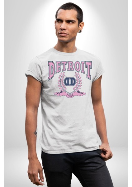 Detroit Kampüs Grafik Baskılı Pamuklu Penye Kadın Erkek Beyaz Tişört modelleri