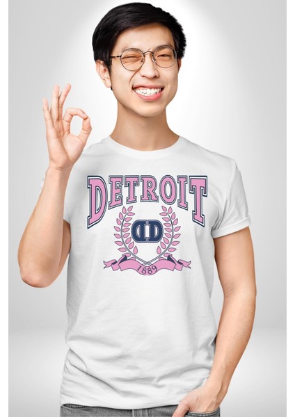 Detroit Kampüs Grafik Baskılı Pamuklu Penye Kadın Erkek Beyaz Tişört fırsatları