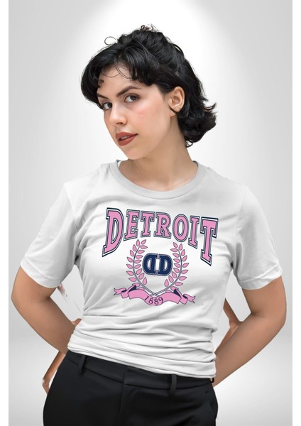 Detroit Kampüs Grafik Baskılı Pamuklu Penye Kadın Erkek Beyaz Tişört indirimleri