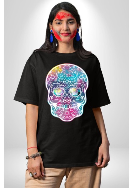 Şeker Kafatası (Day Of The Dead) Grafik Baskılı Pamuklu Penye Kadın Erkek Siyah Tişört fırsatları