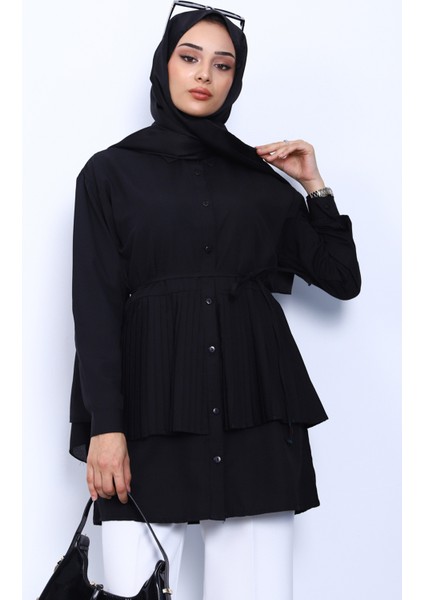 Siyah Yan Bağlamalı Poplin Tunik