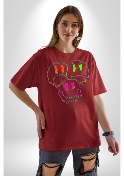 Neon Kafatası Gülen Somurtgan Eriyen Emoji Grafik Baskılı Pamuklu Penye Kadın Erkek Kırmızı Tişört fırsatları