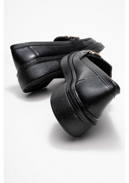Kadın Kare Tokalı Loafer Ayakkabı SİYAH CİLT fırsatları