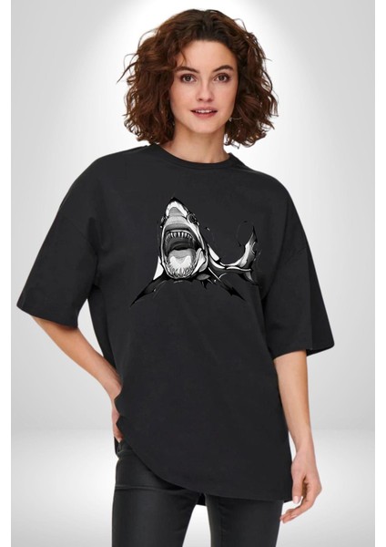 Dövme Shark Okyanus Köpekbalığı Grafik Baskılı Pamuklu Penye Kadın Erkek Siyah Tişört