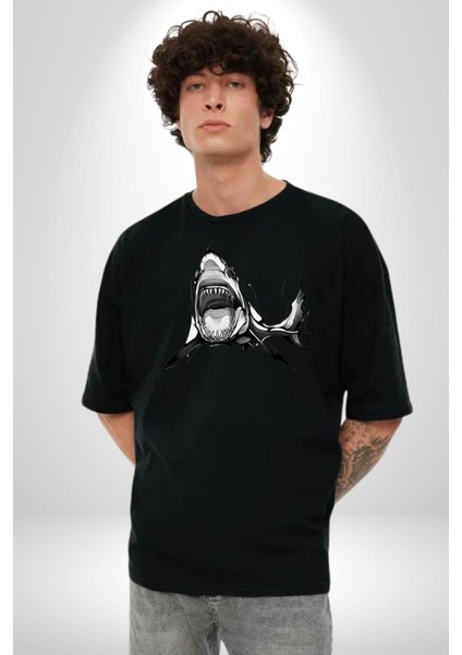 Dövme Shark Okyanus Köpekbalığı Grafik Baskılı Pamuklu Penye Kadın Erkek Siyah Tişört fiyatları