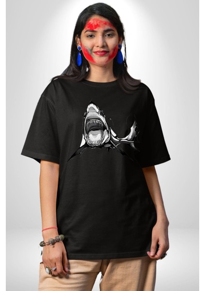 Dövme Shark Okyanus Köpekbalığı Grafik Baskılı Pamuklu Penye Kadın Erkek Siyah Tişört fırsatları
