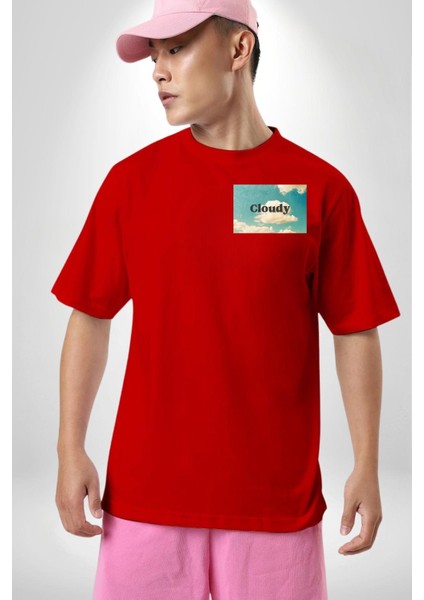 Pisikolojim Bulutlu Minimal Cep Baskılı Pamuklu Penye Kadın Erkek Kırmızı Tişört