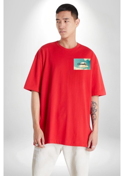 Pisikolojim Bulutlu Minimal Cep Baskılı Pamuklu Penye Kadın Erkek Kırmızı Tişört modelleri