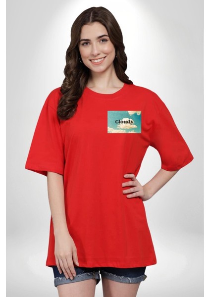 Pisikolojim Bulutlu Minimal Cep Baskılı Pamuklu Penye Kadın Erkek Kırmızı Tişört indirimleri