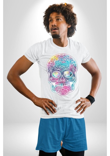 Şeker Kafatası (Day Of The Dead) Grafik Baskılı Pamuklu Penye Kadın Erkek Beyaz Tişört