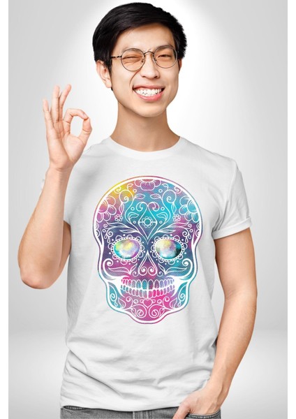 Şeker Kafatası (Day Of The Dead) Grafik Baskılı Pamuklu Penye Kadın Erkek Beyaz Tişört fırsatları