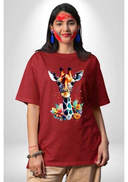 Yapay Zeka Sanat Zürafa Çiçekler Çizimi Grafik Baskılı Pamuklu Penye Kadın Erkek Kırmızı Tişört