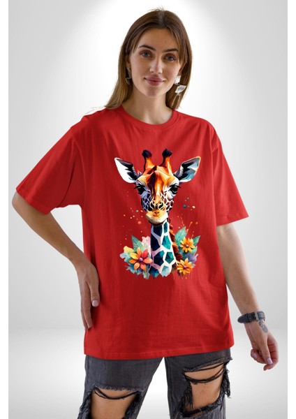Yapay Zeka Sanat Zürafa Çiçekler Çizimi Grafik Baskılı Pamuklu Penye Kadın Erkek Kırmızı Tişört modelleri