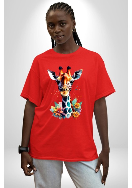 Yapay Zeka Sanat Zürafa Çiçekler Çizimi Grafik Baskılı Pamuklu Penye Kadın Erkek Kırmızı Tişört fırsatları