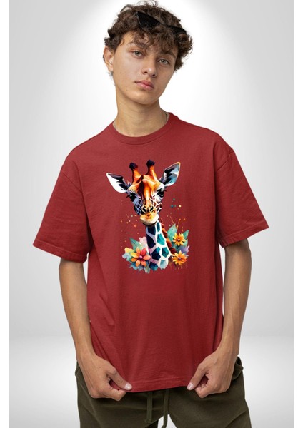 Yapay Zeka Sanat Zürafa Çiçekler Çizimi Grafik Baskılı Pamuklu Penye Kadın Erkek Kırmızı Tişört indirimleri