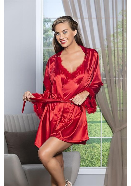 Kuşaklı Mini Boy Saten Sabahlık Kırmızı (BRF11500)