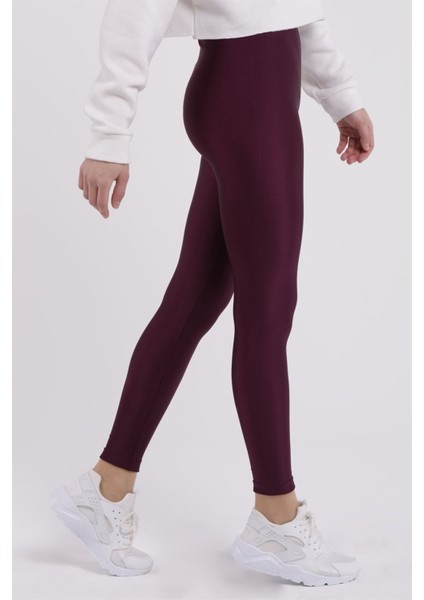 Kadın Mürdüm Parlak Yüksek Bel Toparlayıcı Disko Tayt