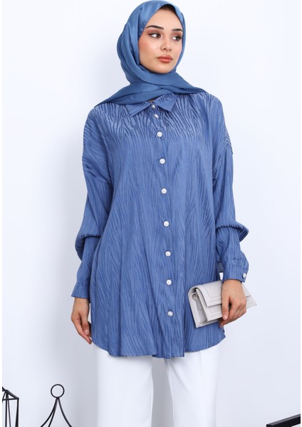 Indigo Jakarlı Düğmeli Gömlek