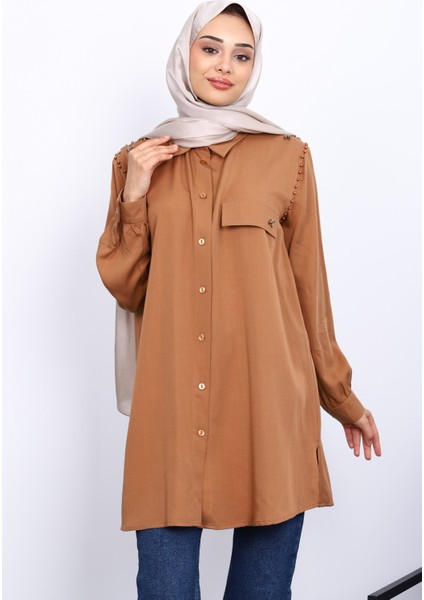 Camel Omuzları Incili Tunik