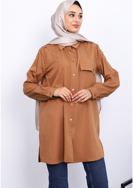 Camel Omuzları Incili Tunik modelleri