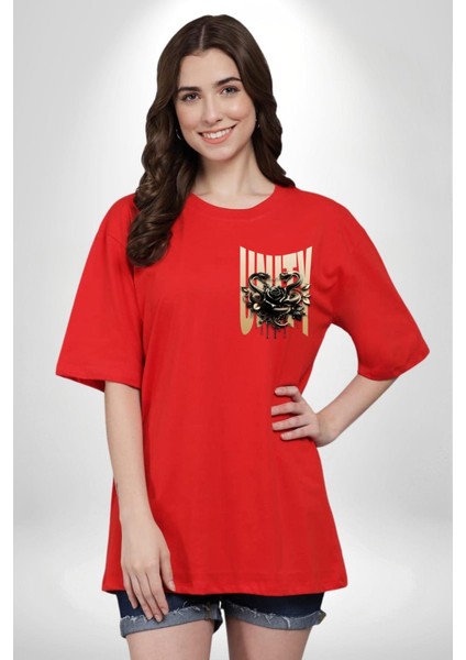 Yapay Zeka Gül Yılan Altın Siyah Gül 3D Minimal Cep Baskılı Pamuklu Penye Kadın Erkek Kırmızı Tişört