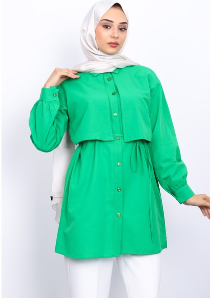 Yeşil Ön Detaylı Poplin Tunik