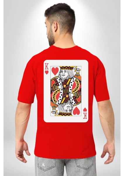 King Of Hearts Klasik Iskambil Kartı Grafiği Sırt Baskılı Pamuklu Penye Kadın Erkek Kırmızı Tişört