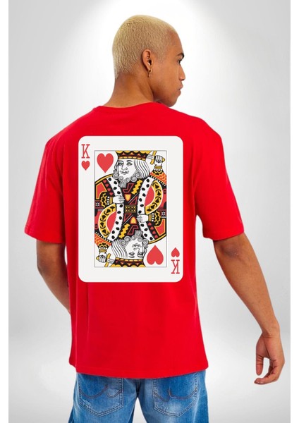 King Of Hearts Klasik Iskambil Kartı Grafiği Sırt Baskılı Pamuklu Penye Kadın Erkek Kırmızı Tişört fiyatları