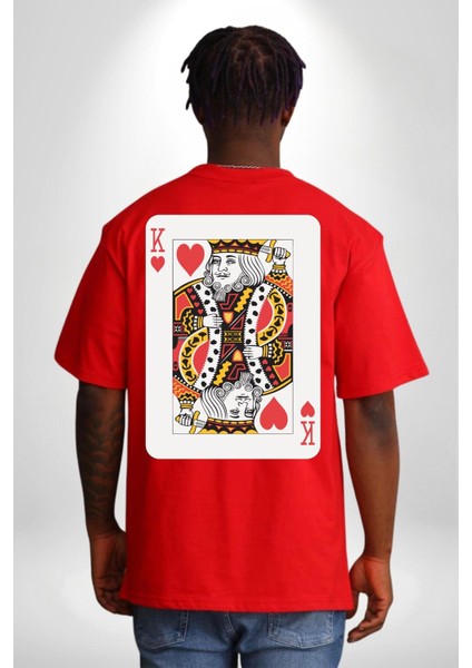 King Of Hearts Klasik Iskambil Kartı Grafiği Sırt Baskılı Pamuklu Penye Kadın Erkek Kırmızı Tişört modelleri