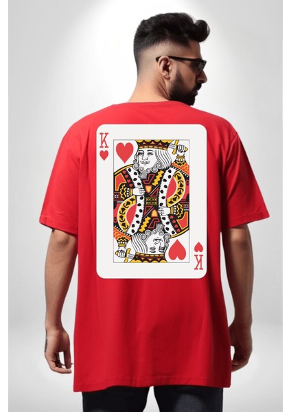 King Of Hearts Klasik Iskambil Kartı Grafiği Sırt Baskılı Pamuklu Penye Kadın Erkek Kırmızı Tişört fırsatları