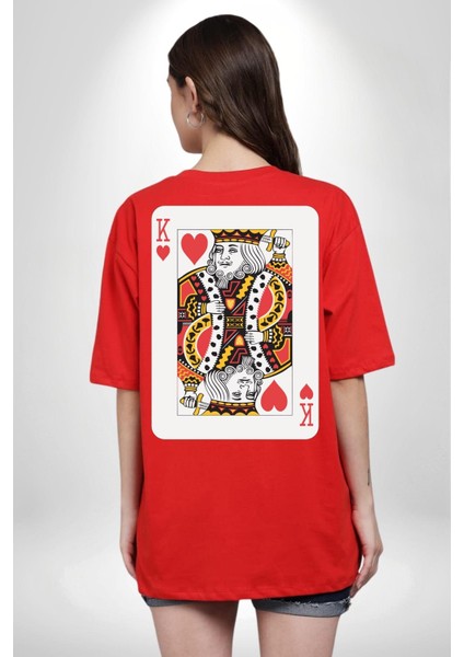 King Of Hearts Klasik Iskambil Kartı Grafiği Sırt Baskılı Pamuklu Penye Kadın Erkek Kırmızı Tişört indirimleri