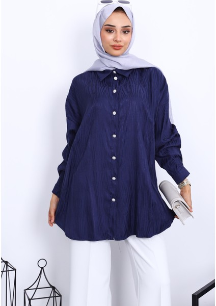 Lacivert Jakarlı Düğmeli Gömlek