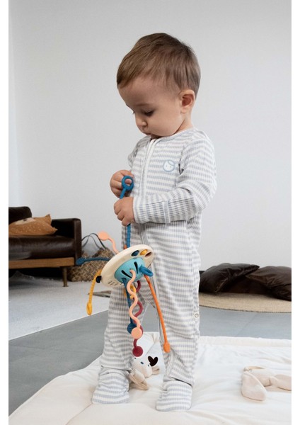 Kendinden Eldivenli ve Patikli Kaşkorse Modal Mavi Fermuarlu Tulum