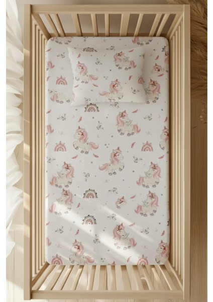 %100 Pamuk Ranforce Lastikli Çarşaf Seti - Pembe Unicorn Desenli Park Yatak 70X120 35X45