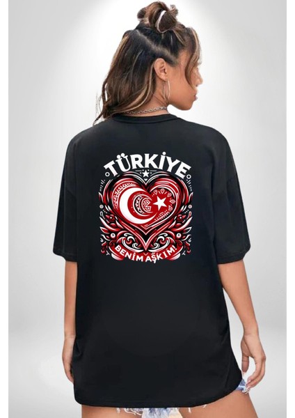Türkiye Ay Yıldız Siyah Siyah Kalp Cep Sırt Baskılı Pamuklu Penye Kadın Erkek Siyah Tişört indirimleri