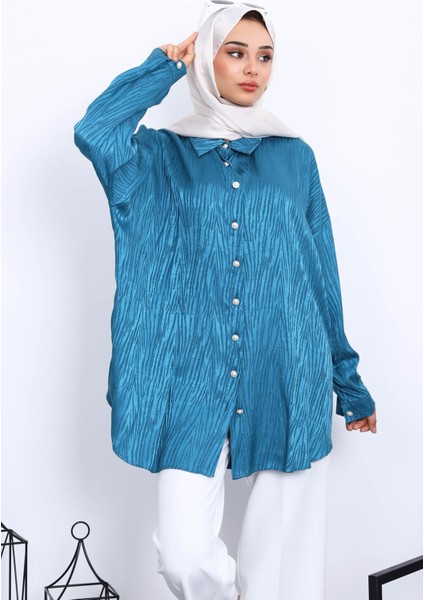 Petrol Yeşili Jakarlı Düğmeli Gömlek