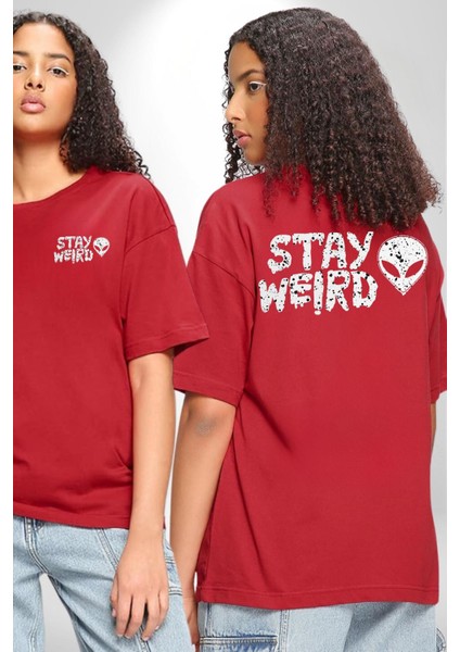 Uzaylı Tuhaf Kal Yazılı Sokak Style Cep Sırt Baskılı Pamuklu Penye Kadın Erkek Kırmızı Tişört