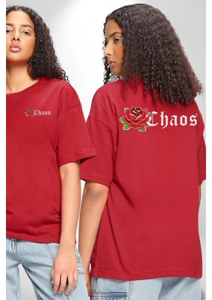 Kırmızı Gül Kaos Cep Sırt Baskılı Pamuklu Penye Kadın Erkek Kırmızı Tişört