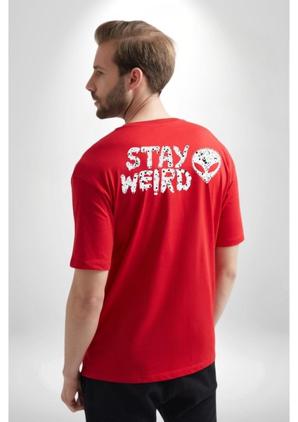 Uzaylı Tuhaf Kal Yazılı Sokak Style Cep Sırt Baskılı Pamuklu Penye Kadın Erkek Kırmızı Tişört modelleri