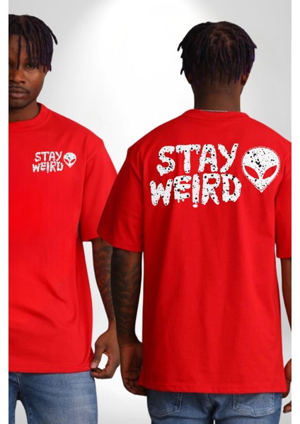 Uzaylı Tuhaf Kal Yazılı Sokak Style Cep Sırt Baskılı Pamuklu Penye Kadın Erkek Kırmızı Tişört fırsatları