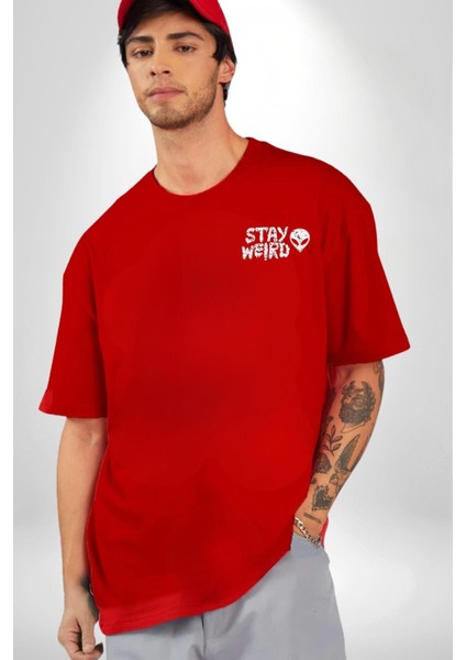 Uzaylı Tuhaf Kal Yazılı Sokak Style Cep Sırt Baskılı Pamuklu Penye Kadın Erkek Kırmızı Tişört indirimleri