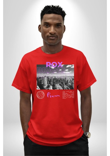 Rox Markası Şehir Tasarımı Grafik Baskılı Pamuklu Penye Kadın Erkek Kırmızı Tişört