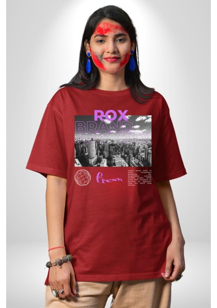 Rox Markası Şehir Tasarımı Grafik Baskılı Pamuklu Penye Kadın Erkek Kırmızı Tişört modelleri