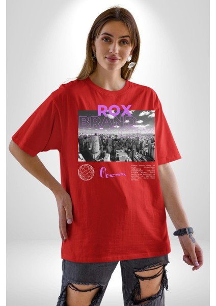 Rox Markası Şehir Tasarımı Grafik Baskılı Pamuklu Penye Kadın Erkek Kırmızı Tişört indirimleri