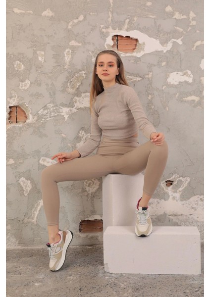 Fitilli Kumaş Toparlayıcı Örme Kadın Tayt-Bej